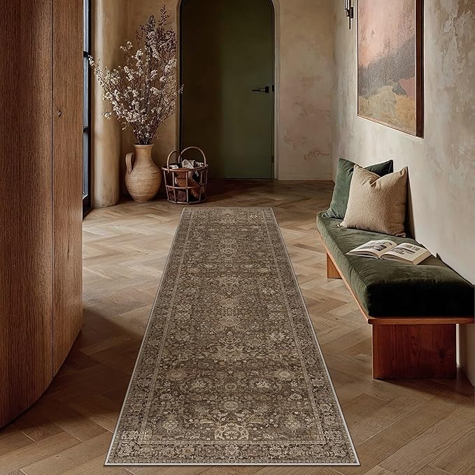 HUGEAR Hallway Runner Rugs 2x8 Brown Washable Rug Neutral Vintage Rug Carpet Distressed Soft Durable Non Slip No Shedding for Indoor Bedroom Kitchen Dining Nursery Laundry
