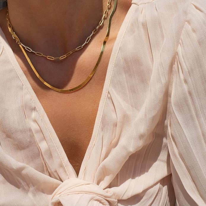 CHESKY 14K Gold/Silver Plated Snake Chain Necklace Herringbone Necklace Gold Choker Necklaces for Women Gifts Jewelry 1.5/3/5MM(W) 14"/16"(L) Mothers Day Gifts for Mom