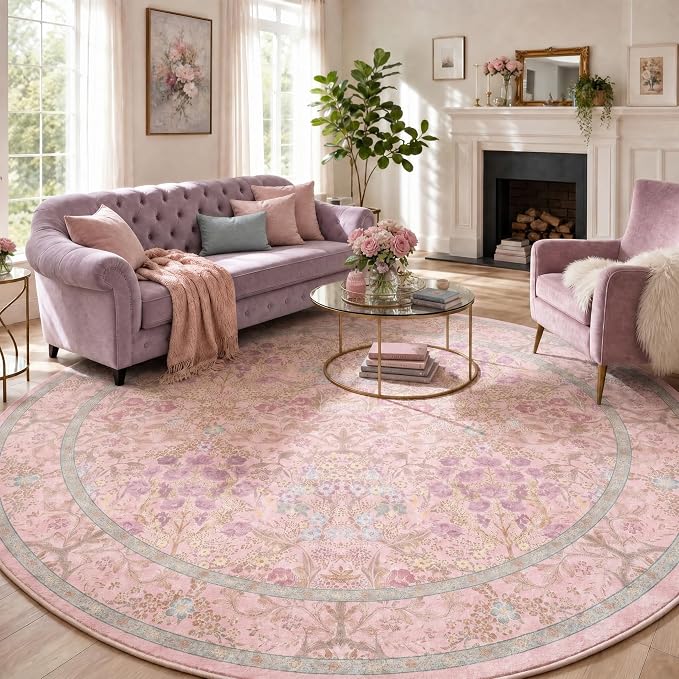 Lunasun Light Pink Large Round Rug for Living Room - 8ft Circle Area Rug for Bedroom, Kids Room, Home Office, Foyer, Non Slip Washable Botanical Floral 8 x 8 Décor