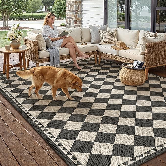 HUGEAR 9x12 Outdoor Rug Black/Beige Linen-Look Fabric Checkered Area Rug High Traffic Stain Resistant Easy Clean Durable Rugs for Indoor/Outdoor Patio Deck Balcony Porch Garden Courtyard