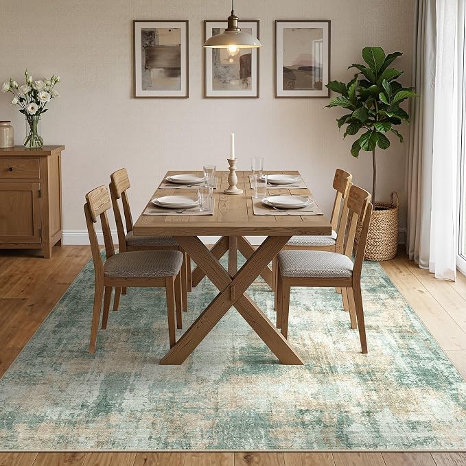 DMOYEST 6x9 Area Rug - Washable & Non Slip Indoor Rug for Living Room, Kid & Pet Friendly Abstract Low Pile Soft Carpet for Bedroom and Dining Room - Green