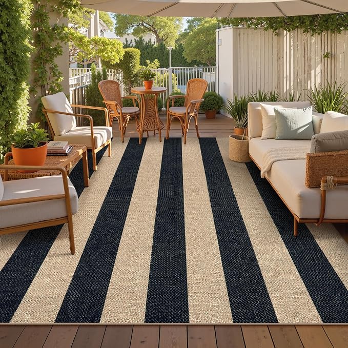 Lahome Striped Easy Jute Living Room Rug, 8x10 Outdoor Patio Rugs Washable | Black Indoor Area Rug, Modern Farmhouse Geometric Non Slip Non Shedding Carpet for Office Backyard Dining Room Sunroom