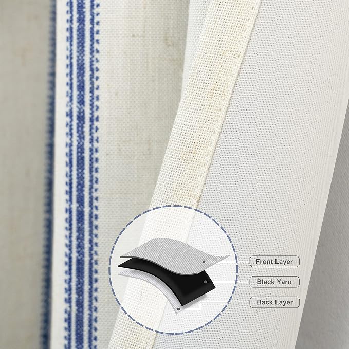 DriftAway Farmhouse Stripe Blackout Curtains, W52xL120, Navy Blue | Blackout, Linen Texture, Stripe Pattern, Rod Pocket & Back Tab, Two Layers, Bedroom Living Room Use, Sound Reducing Design