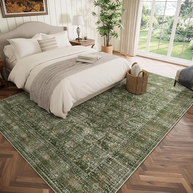 Boho Washable 8x10 Area Rugs for Living Room, Cushioned, Grass Green | Vintage Non-slip Neutral Oriental Rugs for Bedroom Dining Room Nursery Office High Traffic Area