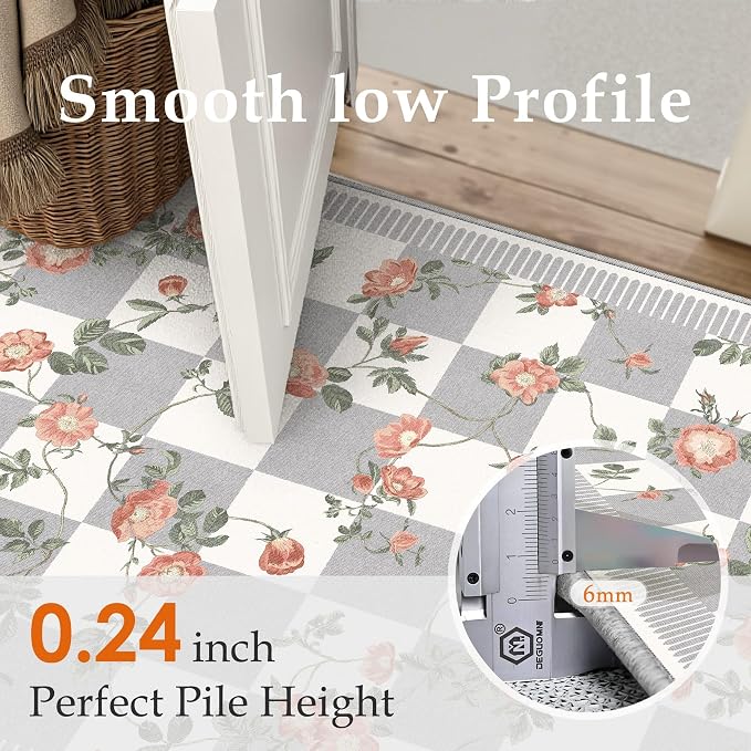 HUGEAR 6x9 Checkered Area Rugs Machine Washable Grey Living Room Rug Floral Print Non-Slip Stain Resistant Low Pile Indoor Throw Carpet for Bedroom Home Unique Aesthetic Modern Decor