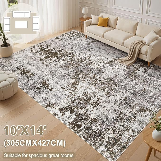 DMOYEST 10x14 Area Rug for Living Room, Washable & Non Slip Large Indoor Carpet, Kid & Pet Friendly Soft Thin Low Pile Abstract Rug for Bedroom and Office - Dark Brown