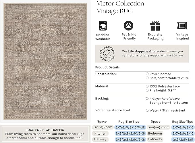 HUGEAR Hallway Runner Rugs 2x6 Light Brown Washable Rug Neutral Vintage Rug Carpet Distressed Soft Durable Non Slip No Shedding for Indoor Bedroom Kitchen Dining Nursery Laundry