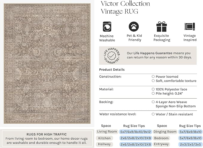 HUGEAR Area Rugs 5x7 Light Brown Washable Rug for Living Room Bedroom Neutral Vintage Rug Carpet Distressed Soft Durable Non Slip No Shedding for Indoor Dining Nursery Farmhouse
