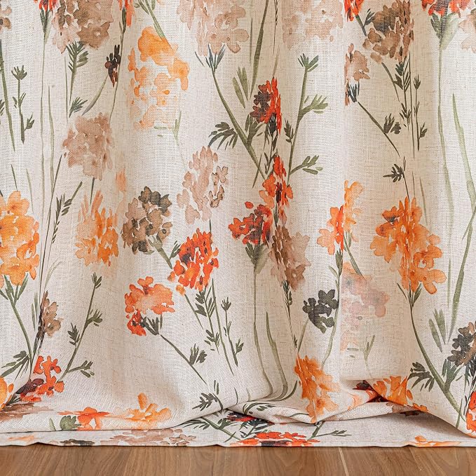 MYSKY HOME Linen Floral Sheer Curtains for Living Room 84 inch Length 2 Panels Set Printed Window Curtain for Bedroom,Light Flightering & Privacy Protection Grommet Drapes,Orange, W52 Each Panel
