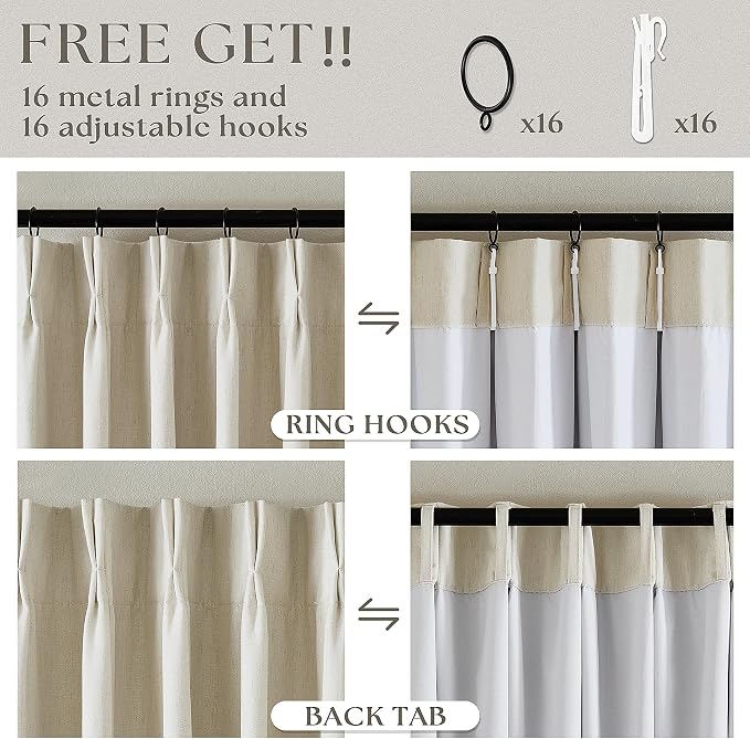 Cream Beige Pleated Black Out Linen 45 Inch Curtains with Liner 2 Panels | 100% Blackout, Memory Trained Pinch Pleat, Thermal Insulated, Noise Reduce, Short Curtains 2 Layers for Kitchen Small Window