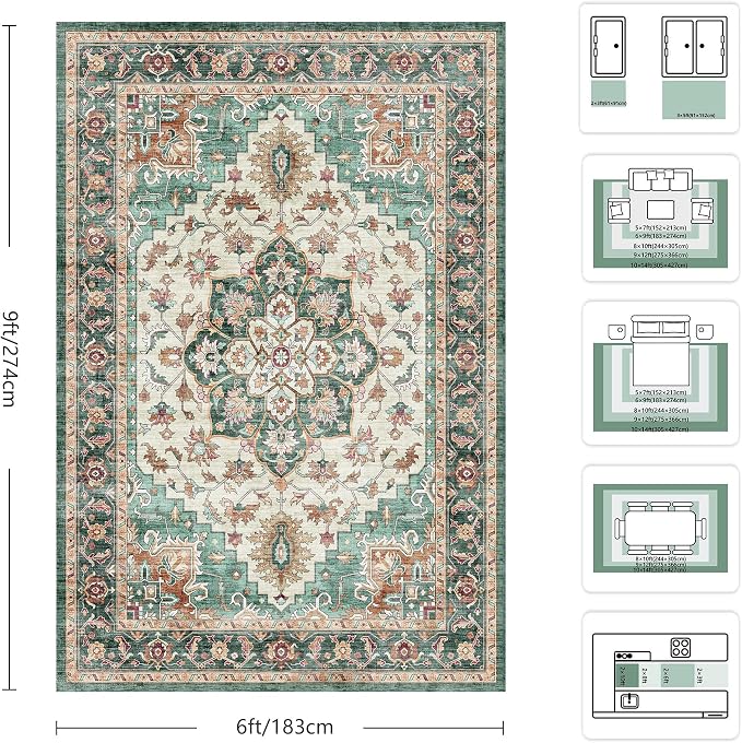 6x9 Area Rugs - Washable Rug Vintage Distress Boho Medallion Rugs for Living Room, Soft Non-Slip Backing Low Pile Carpet for Bedroom Dining Room Office Nursery Dorm Home, Green Brown
