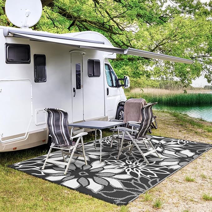GENIMO Outdoor Rug, Waterproof Plastic Rugs for Patio, 8'x10' Black White | Outside Larger Leaf Carpet Mat for Porch Decor, Deck, Balcony, Camping, RV, Backyard, Picnic, Beach, Reversible, Foldable