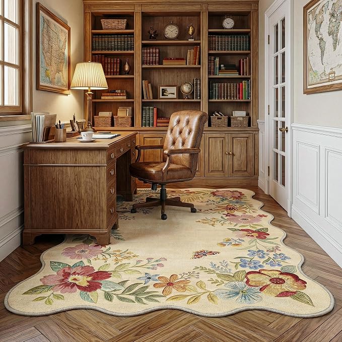 FMFUNCTEX 4x6 Washable Beige Floral Vintage Scalloped Area Rug for Entryway | Flower Colorful Traditional Boho Non Slip Low Pile Cottage Indoor Carpet Entrance Soft Rug Living Room Bedroom Kitchen Office