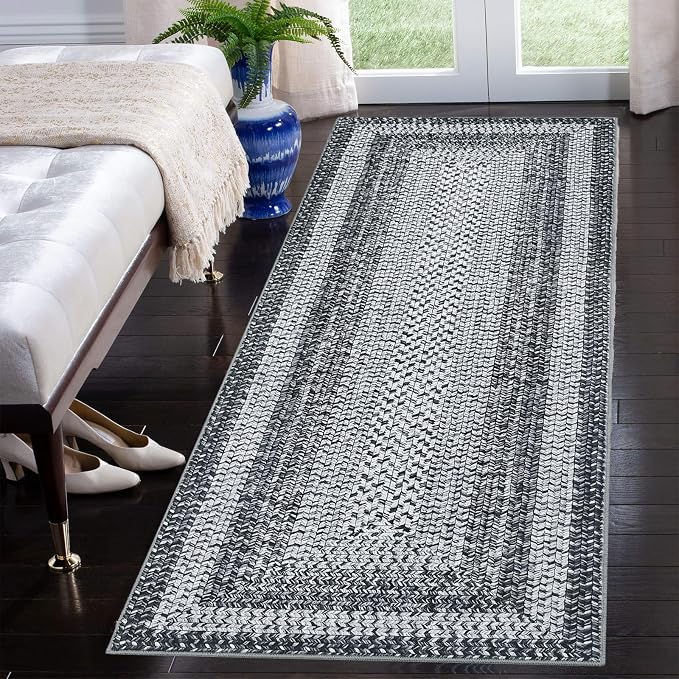 RUGSREAL Runner Rug for Hallway Kitchen Runner 2x10, Machine Washable Long Runner Throw Mat, Non Slip Entryway Rug Stain Resistant Braided Printed Carpet for Bedroom Living Room, Grey