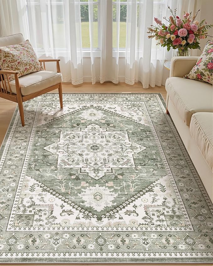 6x9 Vintage Area Rug: Washable Neutral Soft Non Slip Thin Large Floor Carpet for Living Room Bedroom Kitchen Dining Room Home Office Farmhouse Indoor - Green