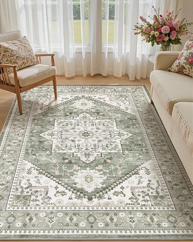 5x7 Vintage Area Rug: Washable Neutral Soft Non Slip Thin Large Floor Carpet for Living Room Bedroom Kitchen Dining Room Home Office Farmhouse Indoor - Green