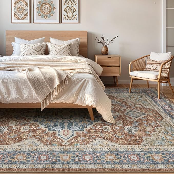 8x10 Area Rugs Living Room: Washable Boho Large Neutral Vintage Soft Rug Stain Resistant Farmhouse Non-Slip Indoor Floor Carpet for Bedroom Nursery Kids Playroom Office Dining Room- Red Multi