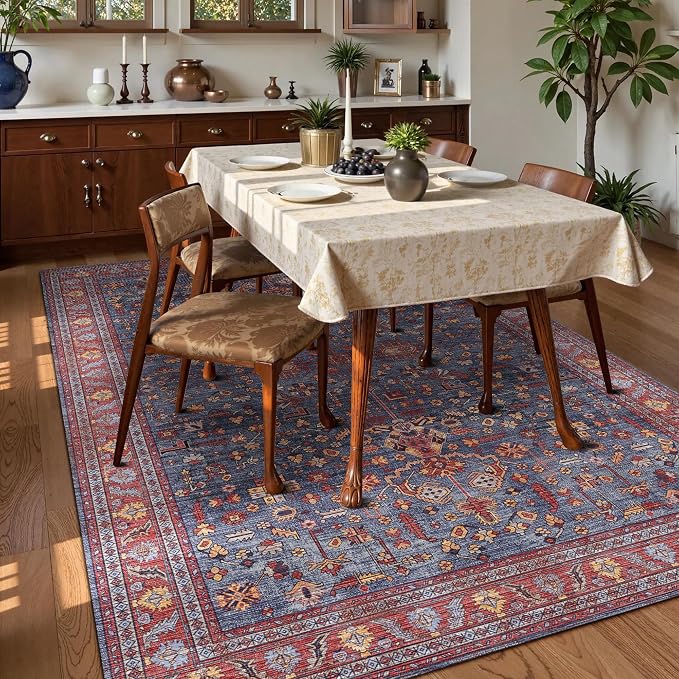 Washable Area Rug 8' x 10' Vintage Traditional Persian Mat - Foldable Distressed Non-Slip Machine Washable Carpet for Living Room Bedroom Kitchen Home Decor - Indigo and Crimson