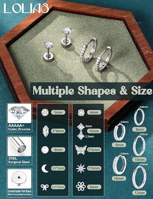 LOLIAS 14K Gold Plated Flat Back Earrings - Hypoallergenic Surgical Stainless Steel Stud Hoop Earrings for Women Girls Cute Stud Earring Set Small Huggie Hoops Cartilage Earring Stacks