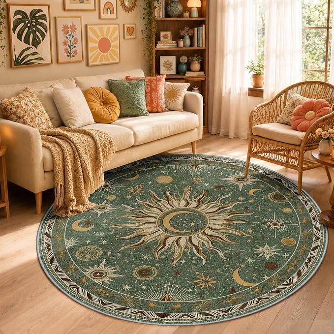 Vacuum-Friendly, Round 6ft Washable Area Rug, Green Brown | Sun and Moon Boho Gothic Non-Slip Low Pile Living Roon Bedroom Dining Room Kitchen Entry Entryway Entrance Hallway Doormat