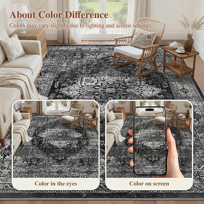UERMEI 5x7 Area Rug Living Room Rugs - Washable Vintage Soft Large Rug Indoor Floor No Slip Rug Carpet for Bedroom Farmhouse Under Dining Table Home Office Decor - Black