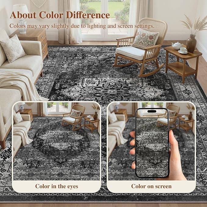 UERMEI 9x12 Area Rug Living Room Rugs - Washable Vintage Soft Large Rug Indoor Floor No Slip Rug Carpet for Bedroom Farmhouse Under Dining Table Home Office Decor - Black