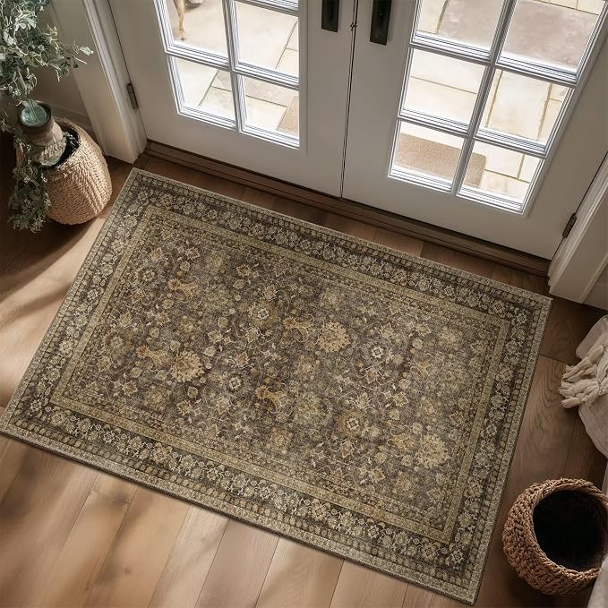 Washable 3x5 Entryway Rug, Boho Vintage Non-Slip Door Mat, Deep Brown | 0.3" Neutral Throw Small Rugs for Bedroom Kitchen Nursery Entrance, Cushioned for High-traffic Area