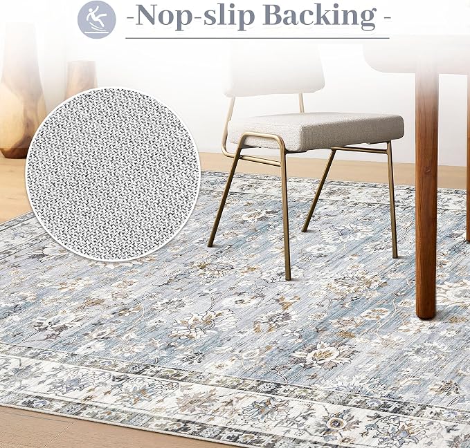 XLUEZ Area Rug 8x10 Living Room Rug, Machine Washable Vintage Distressed Boho Area Rug Non-Slip Soft Low Pile Large Indoor Rugs for Bedroom Kitchen Dining Room Office(Light Blue,8'x10')