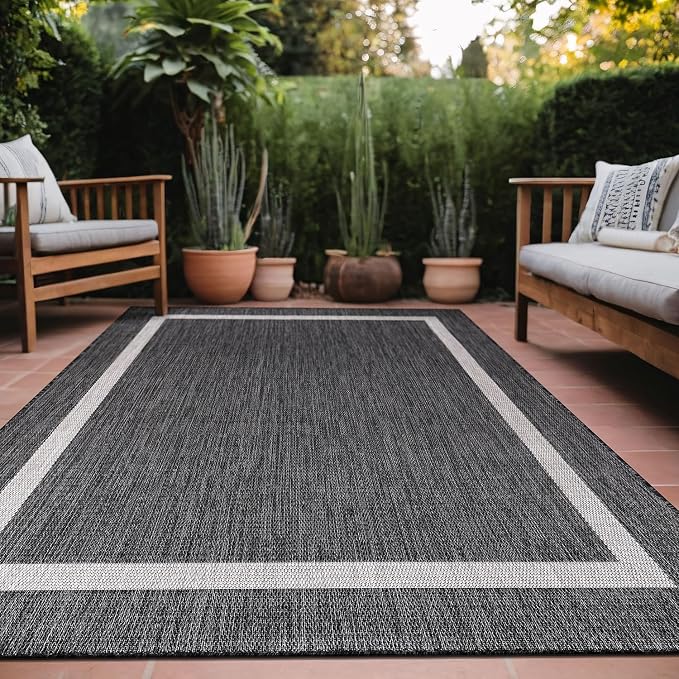 Luul Home Bordered Outdoor Rug 9x12 Washable Outside Carpet for Indoor Patio Porch Waterproof Easy Cleaning Non Shedding Area Rugs Gray 9 x 12