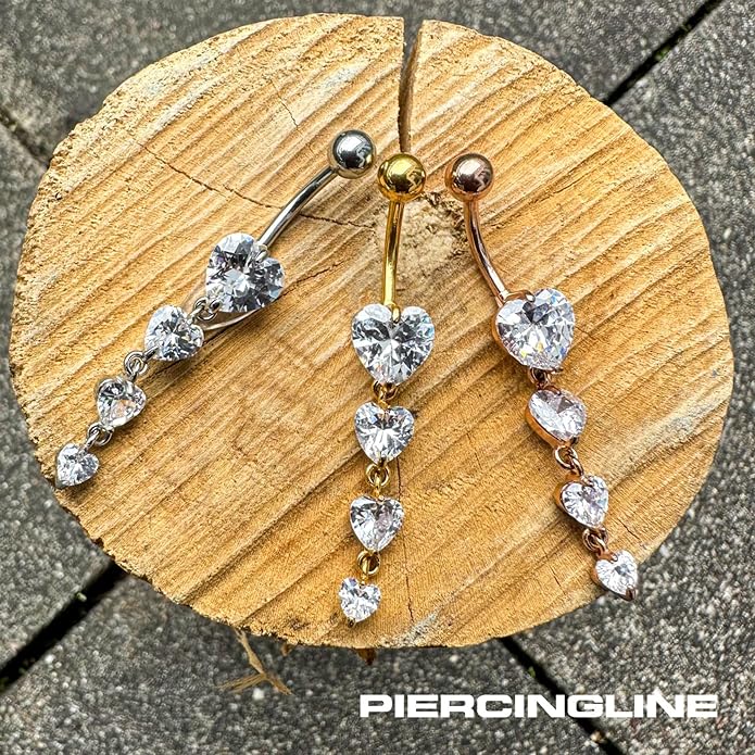PIERCINGLINE surgical steel dangle belly button piercing with 4 hanging crystal hearts - belly button ring surgical steel, gold, silver, rosegold piercing - new version with improved durability