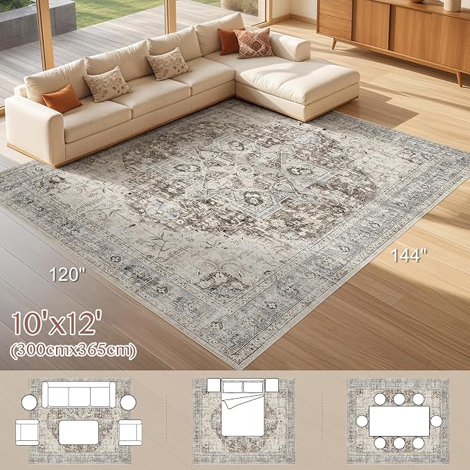 Tortania Area Rug Living Room Rugs - 10x12 Washable Boho Rug Vintage Oriental Distressed Farmhouse Large Thin Indoor Carpet for Living Room Bedroom Under Dining Table Home Office - Brown Blue