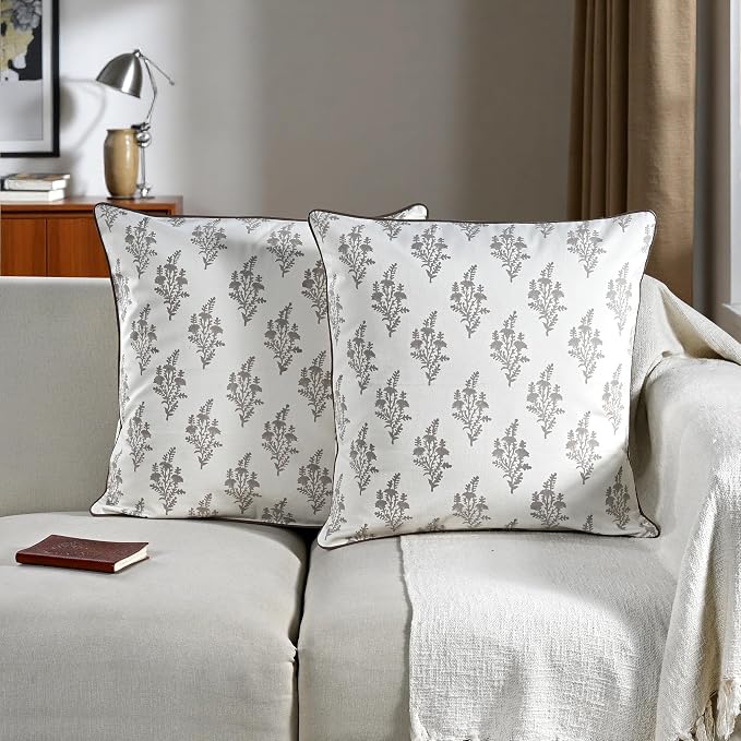 Ridhi Quiet Earth Block Print Pillow Cover 18" x 18" (Pack of 2) Decorative Couch Pillows for Living Room, Farmhouse Chic Boho Cute Outdoor Pillows Covers Gifts for Spring, Mother's Day
