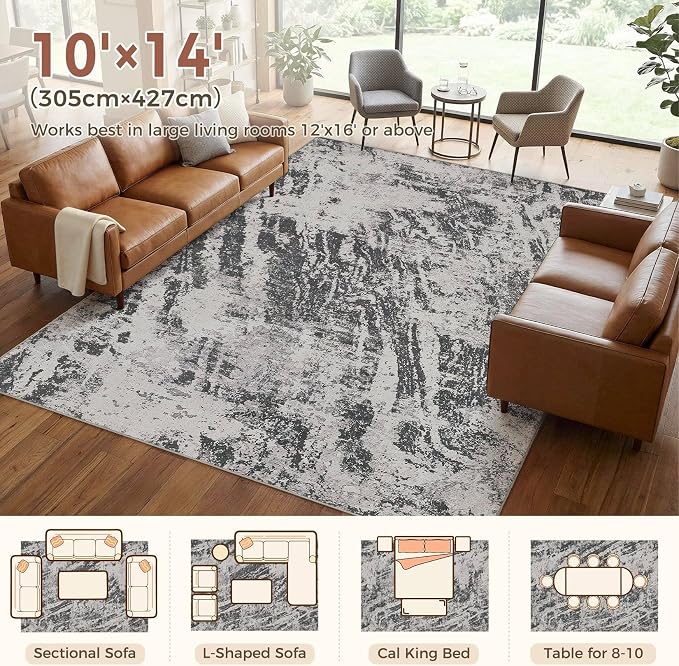 DMOYEST 10x14 Washable Area Rug: Abstract Modern Non-Slip Carpet, Soft Low Pile Indoor Neutral Easy Clean Floor Rugs for Living Room Bedroom Dining Room Kids & Pets - Black
