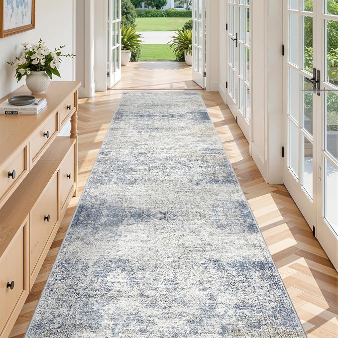 3x10 Runner Rug Non Slip,Washable Hallway Runner Rug,Blue | Long Neutral Rugs for Kitchen,Entryway,Bedroom,Bathroom,Laundry Room,Thin,Soft Runner Rug,Stain Resistant Indoor Carpet