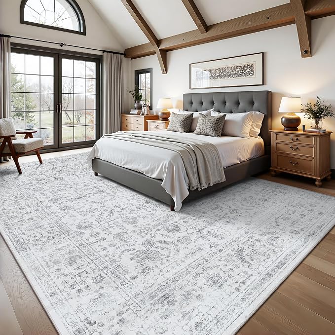 9x12 Area Rugs for Living Room, Washable Vintage Retro Floral Rug, Low Pile Non Slip Distressed Large Carpet for Bedroom, Dining Room, Office, Home (Grey)