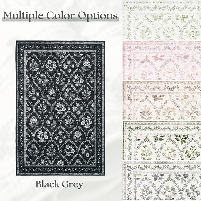 Black Modern Farmohouse Floral Area Rug Boho Flower Washable Area Rug 5x8 Living Room Stain Resistant Soft Bedroom Charcoal Black Vintage Dining Room Floor Covering for Under Table Indoor Carpet