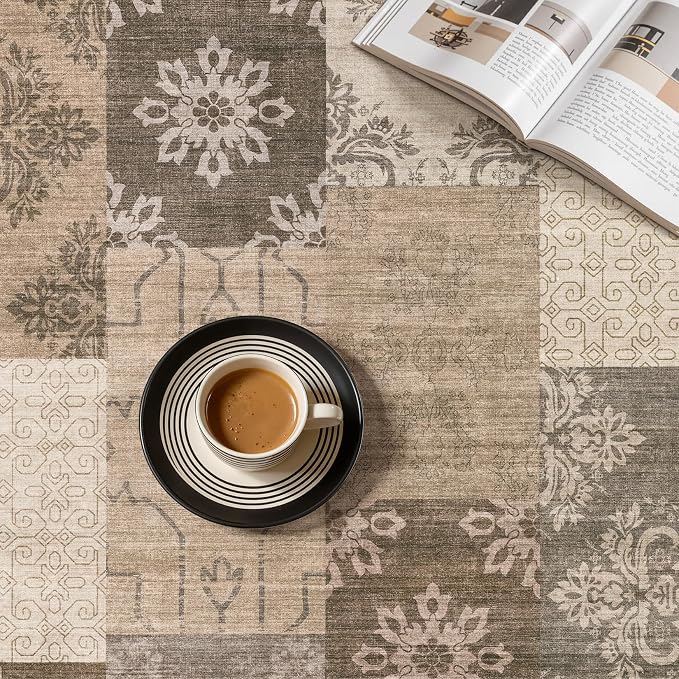 UERMEI 10x12 Area Rug for Living Room, Washable Brown Modern Geometric Patchwork Non Slip Stain Resistant Low Pile Foldable Carpet for Bedroom Dining Farmhouse Home Office