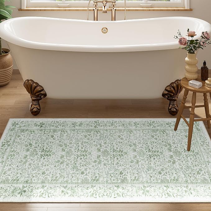 DUKINO 2x4 Rug, Washable Vintage Floral Bathroom Runner Rug, Sage Green | Non Slip, Low Pile, Stain Resistant, Aesthetic Lightweight Soft Indoor Carpet for Kitchen Entryway Hallway Bathroom Bedroom