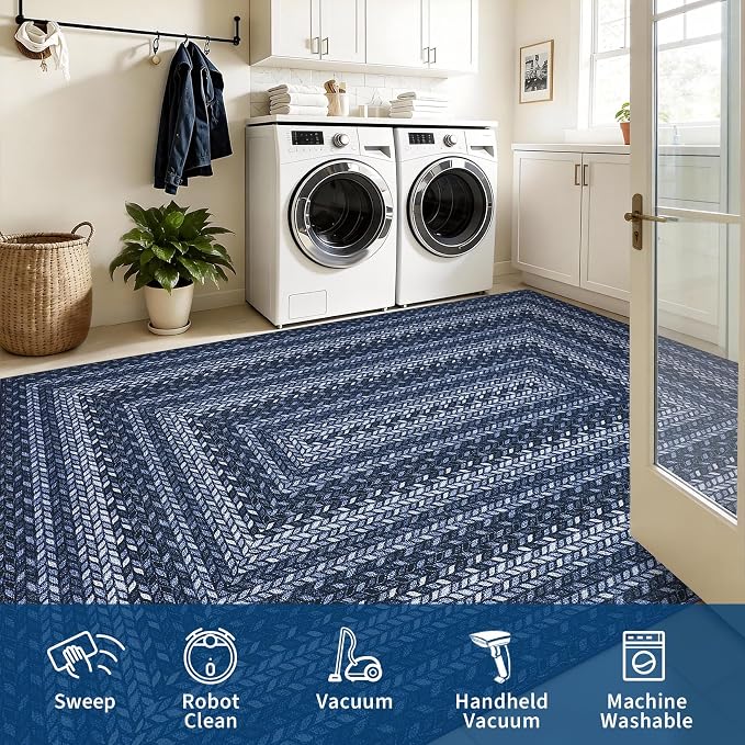 GarveeHome 8x10 Washable Living Room Area Rug Non Slip Braided Rugs | Low Pile Stain Resistant Dining Room Throw Carpet Indoor Outdoor Modern Bordered Area Rugs for Home Decor, Blue