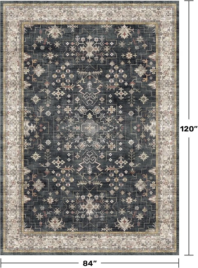Hazo Haus Black Farmhouse Washable 7x10 Area Rugs for Living Room, Bedroom, Dining Room Table, Dark Charcoal Stain Resistant Non-Slip Large Washable