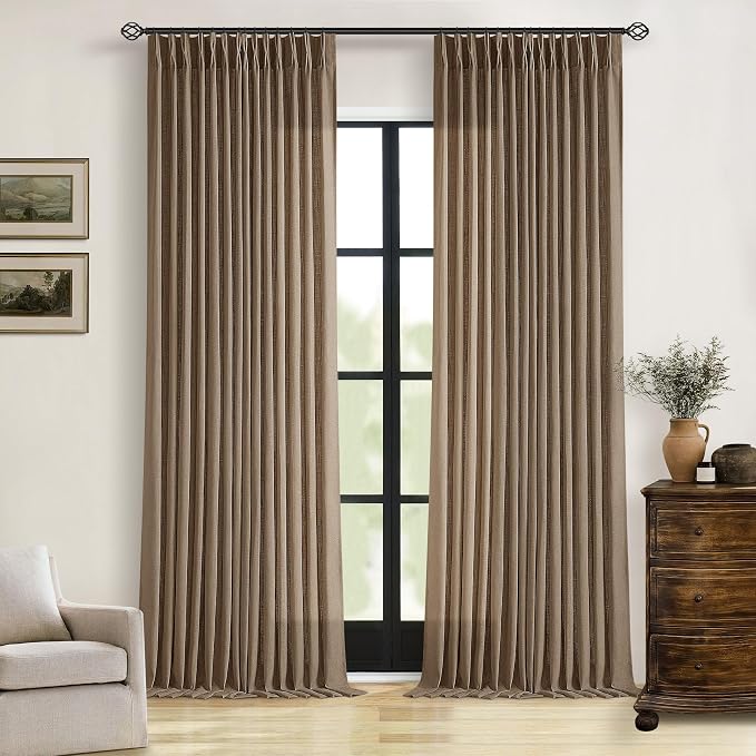 TWODRAPES Dutch Cocoa Linen Curtains 102 Inches Long Living Room Pinch Pleated Drape with Hooks Rings for Track System Light Filtering 102 Inch Curtain for Bedroom Sliding Patio Door 2 Panels Brown