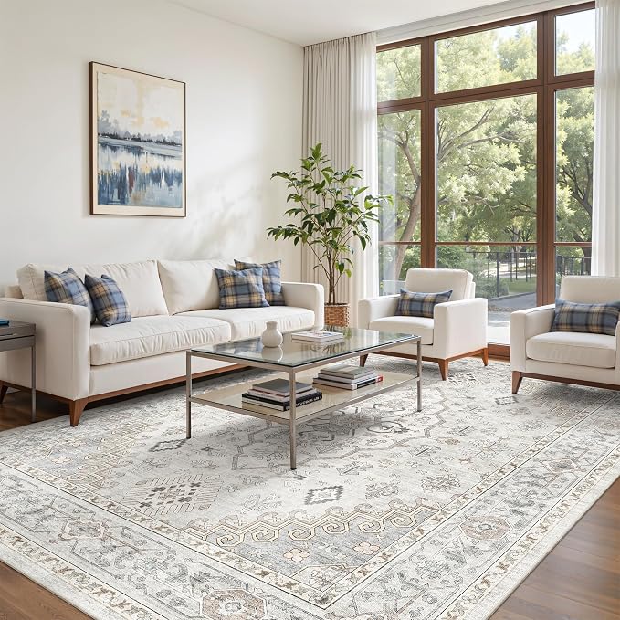 befbee 8x10 Area Rugs for Living Rooms, Stain Resistant Neutral Washable Rugs for Dining Rooms, Floral Vintage Non-Slip Thin Large Size Area Rug(Light Grey)