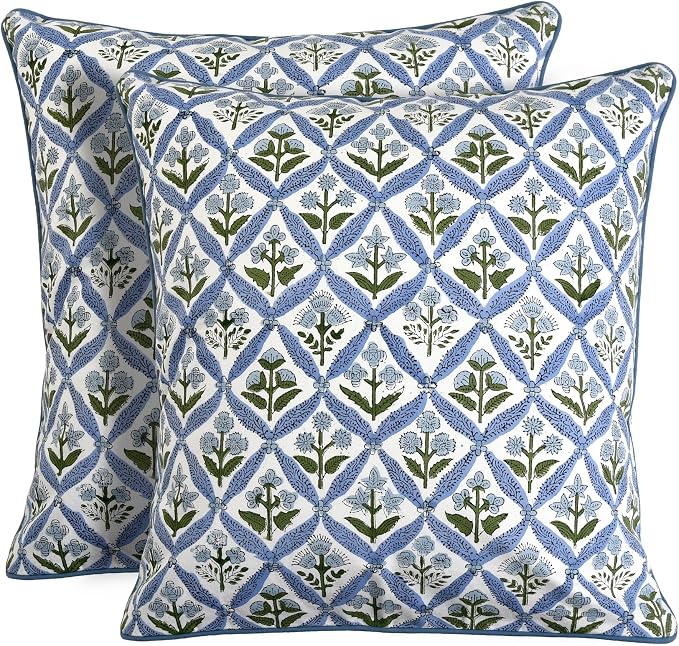 Ridhi Block Print Light Steel Blue Pillow Cover 24" x 24" (Pack of 2) Decorative Couch Pillows for Living Room, Farmhouse Chic Boho Cute Outdoor Pillows Covers Gifts for Spring, Mother's Day