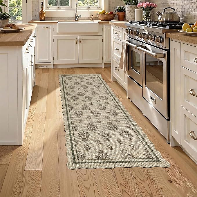 ORTIGIA Scalloped Easy Jute 2x6 Kitchen Runner Rug Vintage Brown Floral Accent Farmhouse Washable Rug Non-Slip Outdoor Carpet for Entryway Indoor Hallway Patio Laundry Room