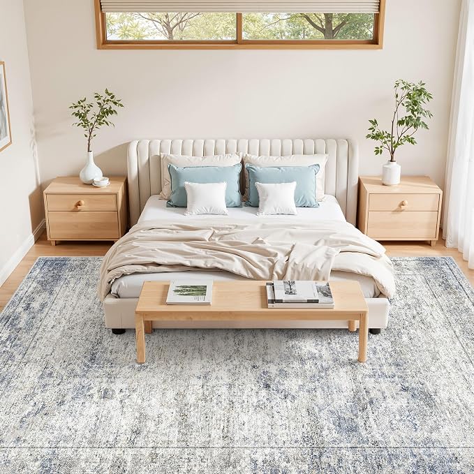 8x10 Area Rugs for Living Room,Large Washable Rug,Blue | Rugs for Bedroom,Dining Room,Office,Low Pile,Soft, Neutral Rug,Stain Resistant Indoor Carpet,Non Slip,Home Decor