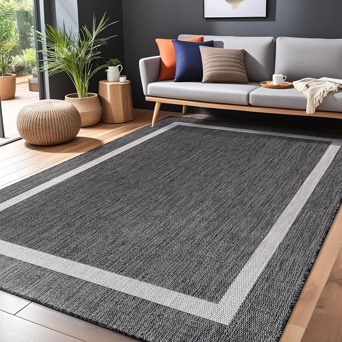 Luul Home Bordered Outdoor Rug 10x14 Washable Outside Carpet for Indoor Patio Porch Waterproof Easy Cleaning Non Shedding Area Rugs Gray 10 x 14