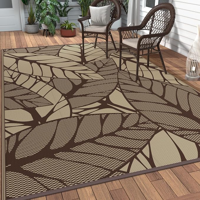 GENIMO Outdoor Rug, Waterproof Plastic Rugs for Patio, 6'x9' Coffee | Outside Larger Leaf Carpet Mat for Porch Decor, Deck, Balcony, Camping, RV, Backyard, Picnic, Beach, Reversible, Foldable