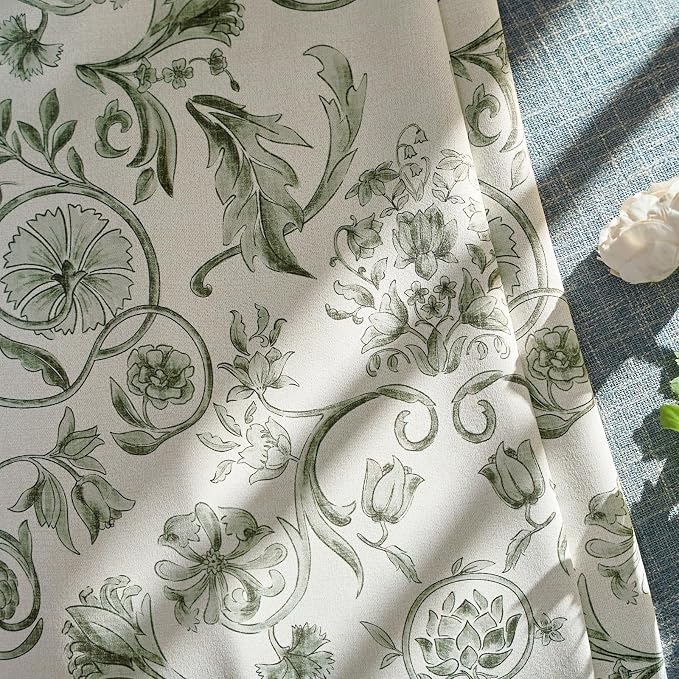 jinchan Green Floral Blackout Curtains 96 Inch Farmhouse Back Tab 2 Panels | Green on beige, room darkening, traditional vintage drapes, bedroom, living room, botanical, flower print, window treatment