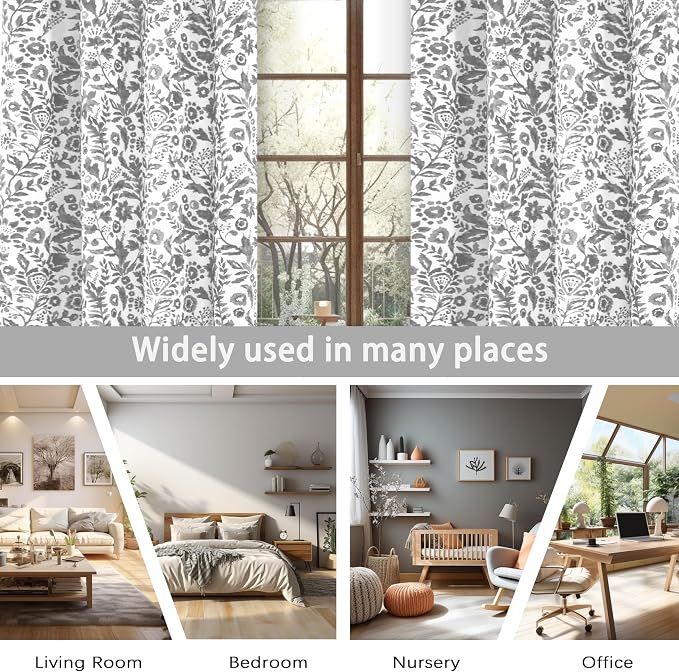 DriftAway Julia Blackout Curtains Grommet 2 Panels, W52xL84, Gray | Floral Curtains, Bedroom, Living Room, Room Darking, Watercolor Pattern, 2 Layers, Thermal Insulated, Window Treatment
