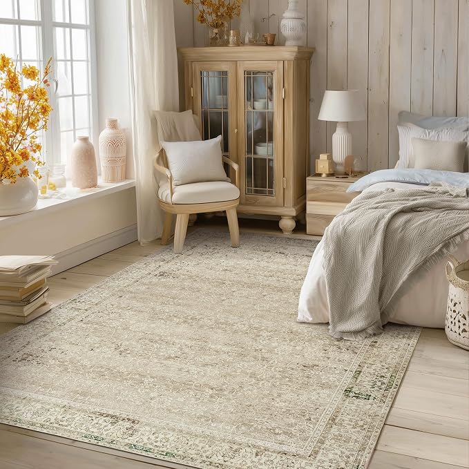 BILEEHOME Cream and Light Tan Rug for Bedroom Neutral Boho Farmhouse Floral Washable Soft Distressed Low Pile Non Slip Area Rugs for Living Room Home Office,5x8